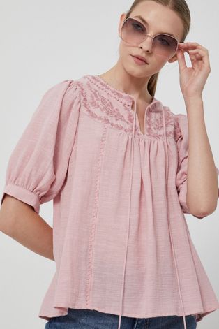 Bluzka bawełniana damska z haftem różowa