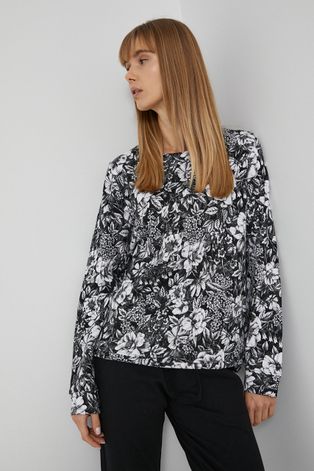 Bluza bawełniana damska w kwiatowy wzór czarna