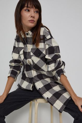Bawełniana kurtka koszulowa damska z tkaniny w kratę beżowa