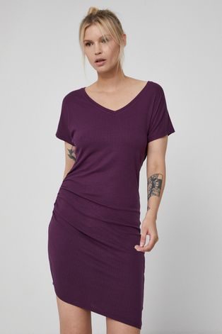 Asymetryczna sukienka damska z marszczeniami fioletowa