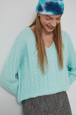 Sweter z domieszką wełny damski błękitny
