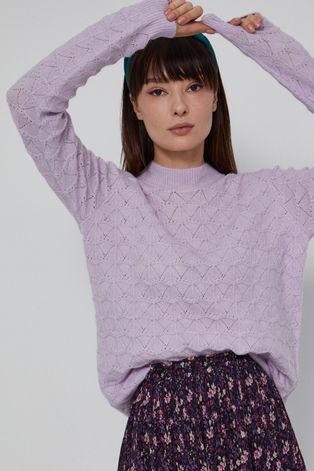 Ażurowy sweter damski z poliestrem z recyklingu różowy