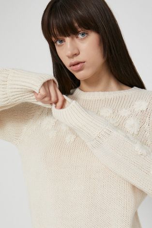 Sweter z domieszką wełny damski kremowy