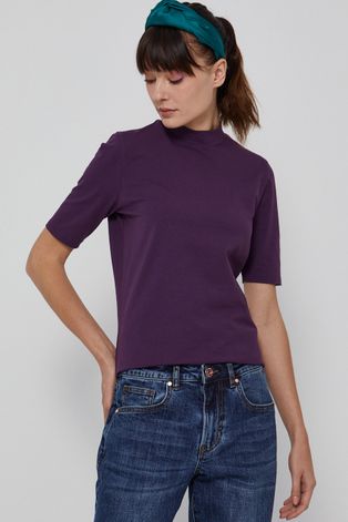 T-shirt damski z golfem z bawełny organicznej fioletowy