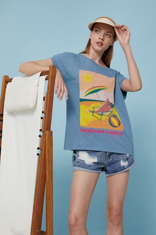 T-shirt bawełniany damski by Ewelina Gąska, Summer Posters turkusowy
