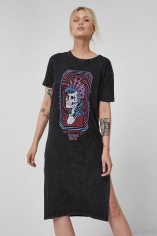 Długi t-shirt bawełniany damski z nadrukiem szary