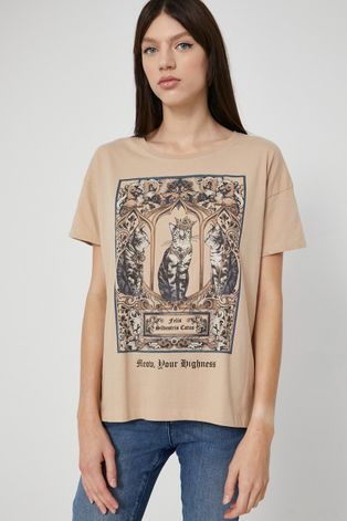T-shirt bawełniany z nadrukiem damski beżowy