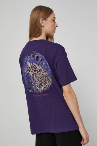 T-shirt bawełniany damski z nadrukiem fioletowy