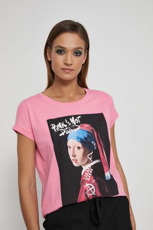 T-shirt damski bawełniany z nadrukiem różowy