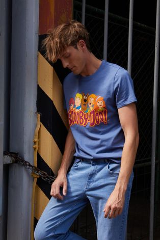 T-shirt bawełniany męski z nadrukiem Scooby-Doo niebieski
