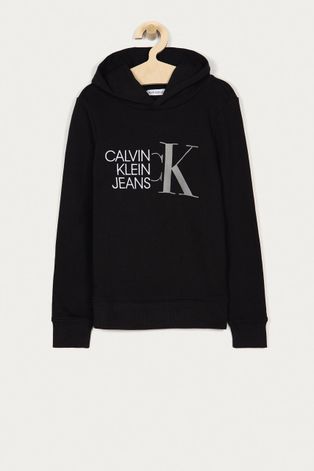 Calvin Klein Jeans Bluza bawełniana dziecięca kolor czarny z kapturem z nadrukiem