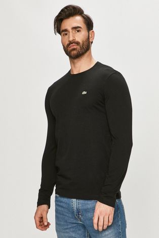 Bavlněné tričko s dlouhým rukávem Lacoste černá barva, hladké