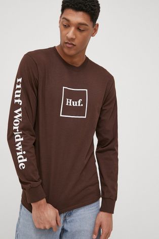 Bavlnené tričko s dlhým rukávom HUF hnedá farba, s potlačou