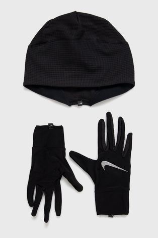 Čepice a rukavice Nike černá barva, z tenké pleteniny
