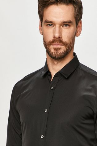 Košile Hugo pánská, černá barva, slim, s klasickým límcem