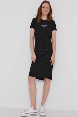 Šaty Calvin Klein čierna farba, midi, rovné