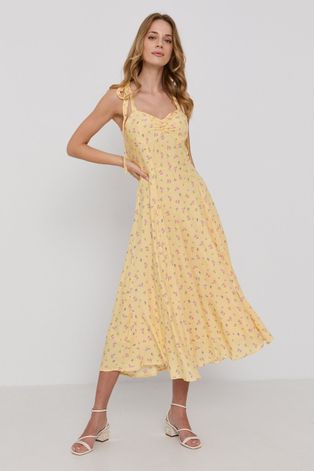 Bardot ruha sárga, midi, harang alakú