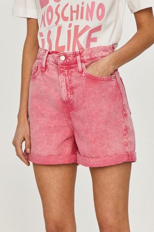 Rifľové krátke nohavice Calvin Klein Jeans dámske, ružová farba