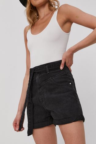 Haily's Pantaloni scurți jeans femei, culoarea negru, material neted, high waist