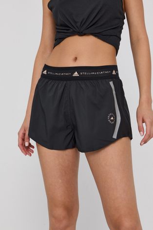 Adidas by Stella McCartney Pantaloni scurți femei, culoarea negru, material neted, high waist