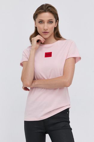 Bavlněné tričko Hugo růžová barva