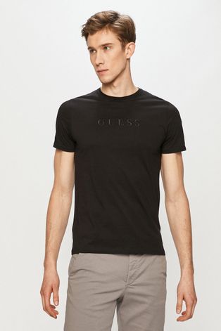 Bavlnené tričko Guess čierna farba, s nášivkou