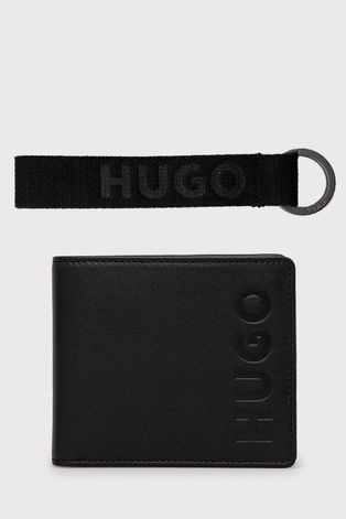 Кожаный кошелек + брелок HUGO мужской цвет чёрный