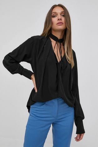 Victoria Beckham selyem ing női, fűzős nyakkivágású, fekete, relaxed