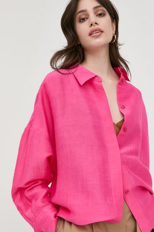 Plátěná košile BOSS dámská, růžová barva, relaxed, s klasickým límcem