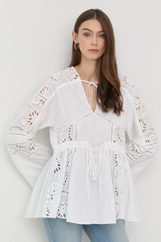 Памучна блуза BOSS дамска в бяло с изчистен дизайн