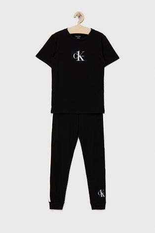 Детска памучна пижама Calvin Klein Underwear в черно с принт