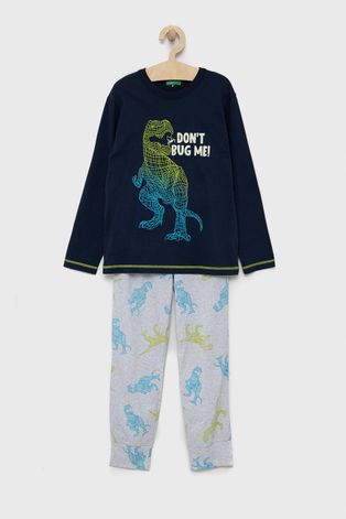 United Colors of Benetton piżama bawełniana dziecięca kolor granatowy z nadrukiem