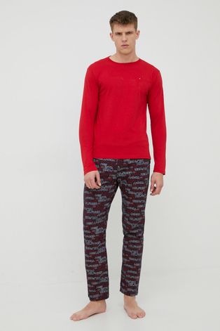 Хлопковая пижама Tommy Hilfiger цвет красный однотонная