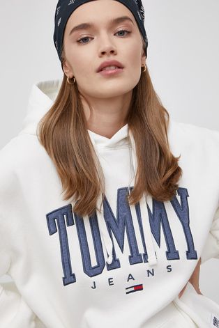 Mikina Tommy Jeans dámská, bílá barva, s aplikací