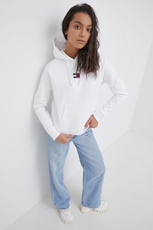 Tommy Jeans bluza bawełniana damska kolor biały z kapturem gładka