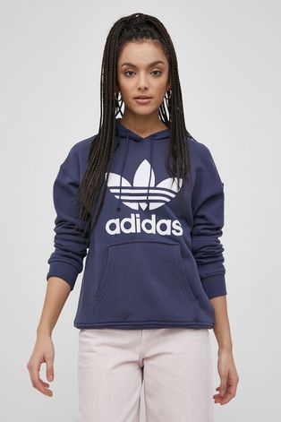 adidas Originals Bluza bawełniana damska kolor granatowy z kapturem z nadrukiem