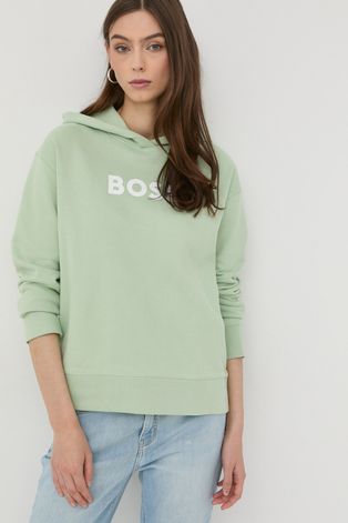 BOSS bluza bawełniana damska kolor zielony z kapturem z nadrukiem