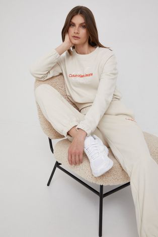 Pamučna dukserica Calvin Klein Jeans za žene, boja: bež, s aplikacijom