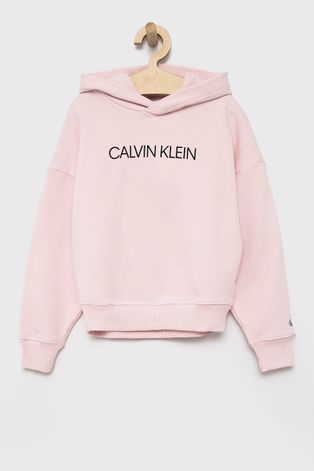 Calvin Klein Jeans Bluza bawełniana dziecięca kolor różowy z kapturem z nadrukiem