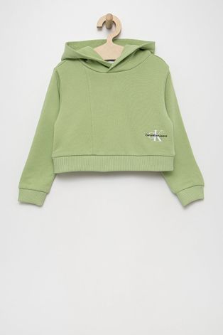 Calvin Klein Jeans bluza bawełniana dziecięca kolor zielony z kapturem z aplikacją