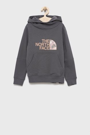The North Face bluza bawełniana dziecięca kolor szary z kapturem z nadrukiem
