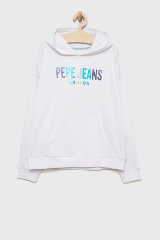 Pepe Jeans bluza bawełniana dziecięca kolor biały z kapturem z nadrukiem