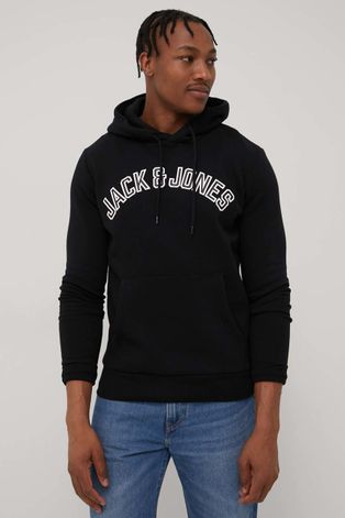 Jack & Jones bluza męska kolor czarny z kapturem z nadrukiem