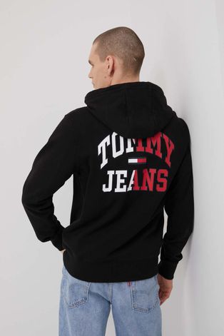 Tommy Jeans Bluza bawełniana męska kolor czarny z kapturem z nadrukiem