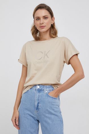Bavlnené tričko Calvin Klein béžová farba
