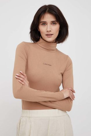 Tričko s dlhým rukávom Calvin Klein dámsky, hnedá farba, s rolákom