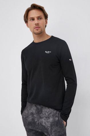Tričko s dlhým rukávom Pepe Jeans Basic pánske, čierna farba, jednofarebné
