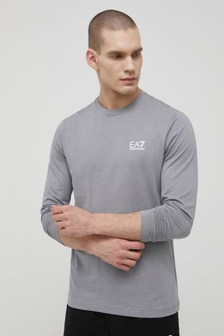 Bavlnené tričko s dlhým rukávom EA7 Emporio Armani šedá farba, s potlačou