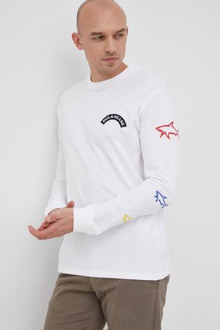 Bavlnené tričko s dlhým rukávom Paul&Shark biela farba, s nášivkou