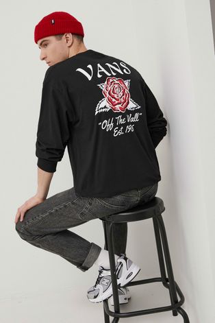 Bavlnené tričko s dlhým rukávom Vans čierna farba, s potlačou